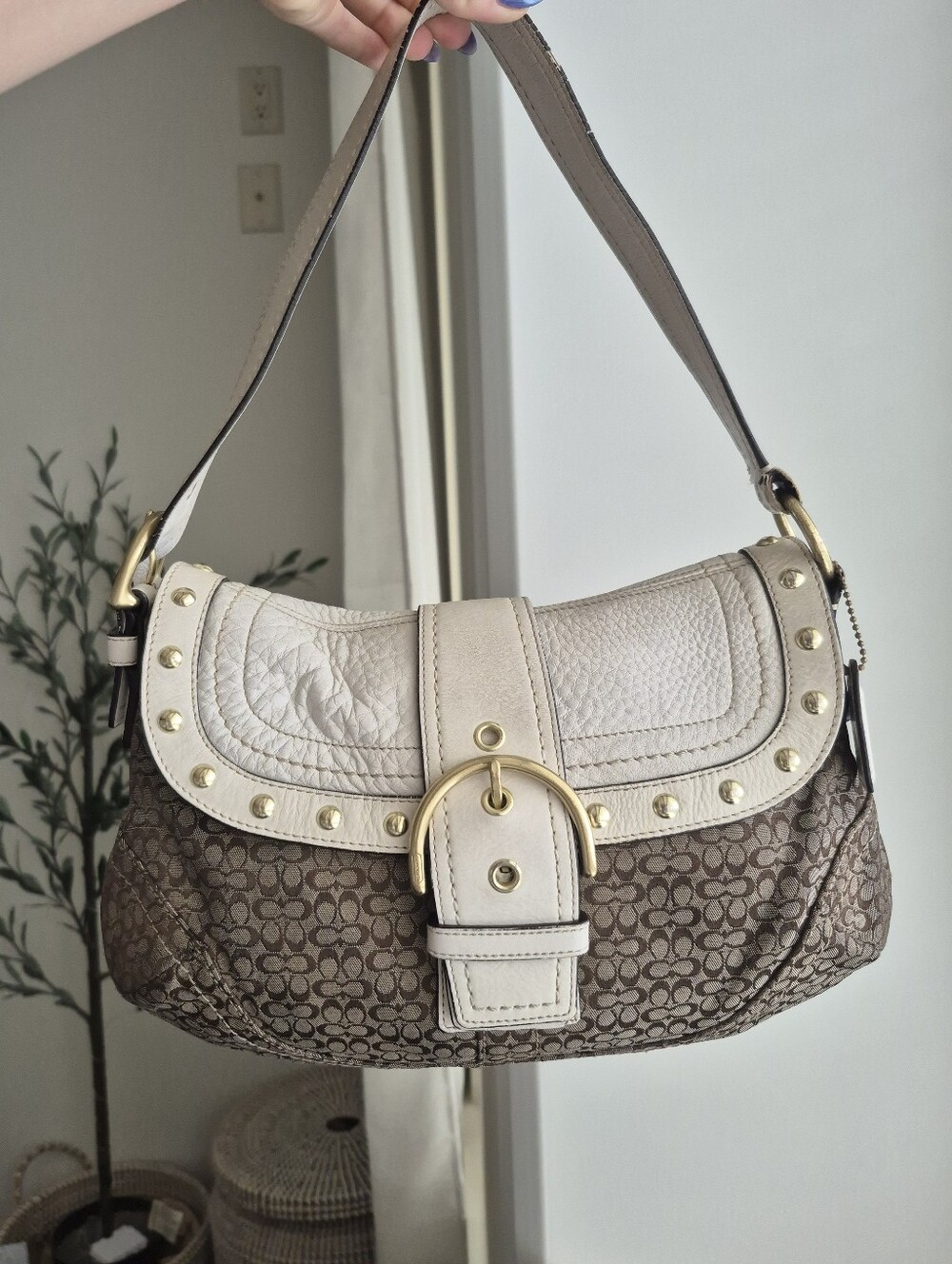 Y2K Soho Coach Signature Canvas and Leather Studded Shoulder Bag - Cream/Brown